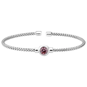 Rhodium Finish Sterling Silver Rounded Box Link Cuff Bracelet with Bezel Set Simulated Pink Sapphire Birth Gem