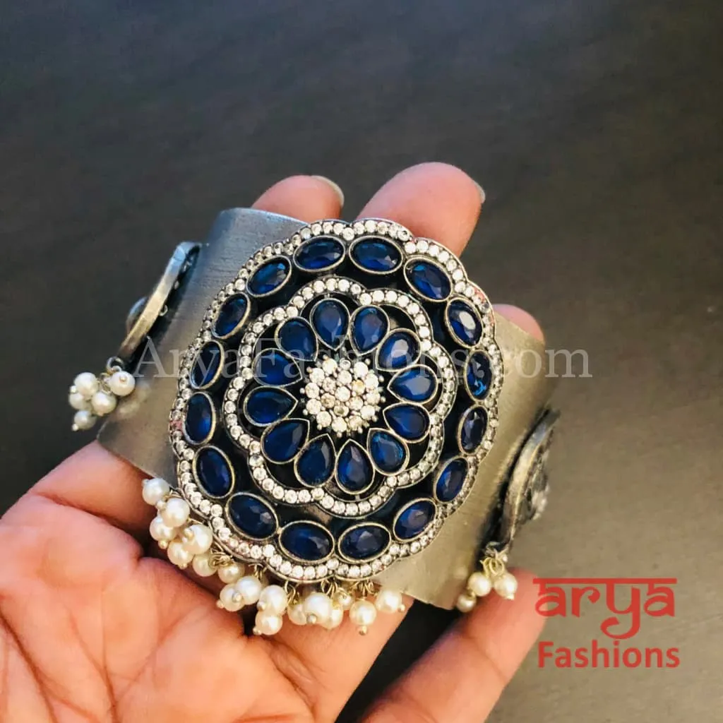 Risha Blue Beads Handwork Oxidized Silver Statement Cuff Bracelet