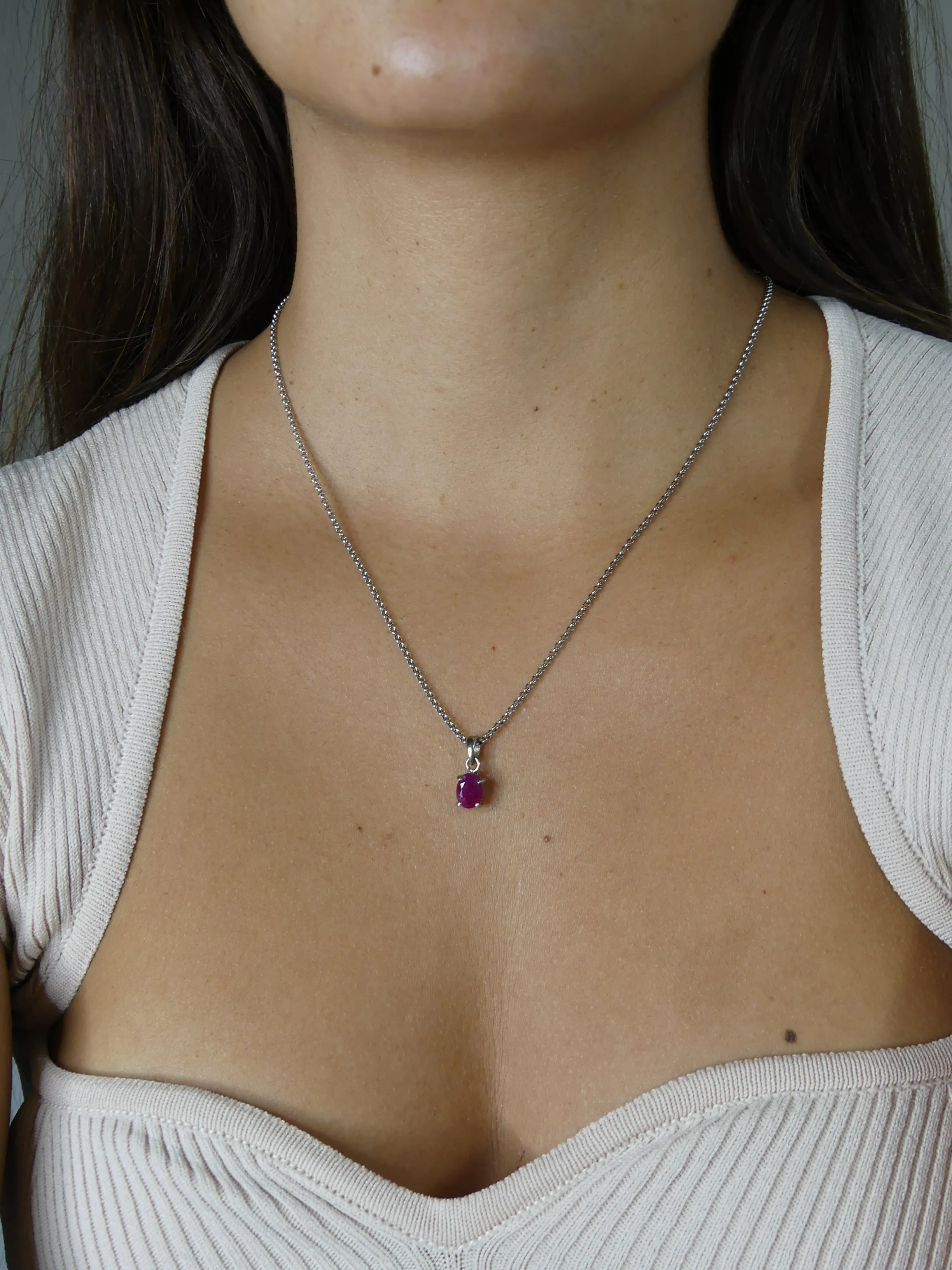 Ruby Gemstone Necklace, .925 Sterling Silver Oval Vintage Single Gem Natural Stone Necklace