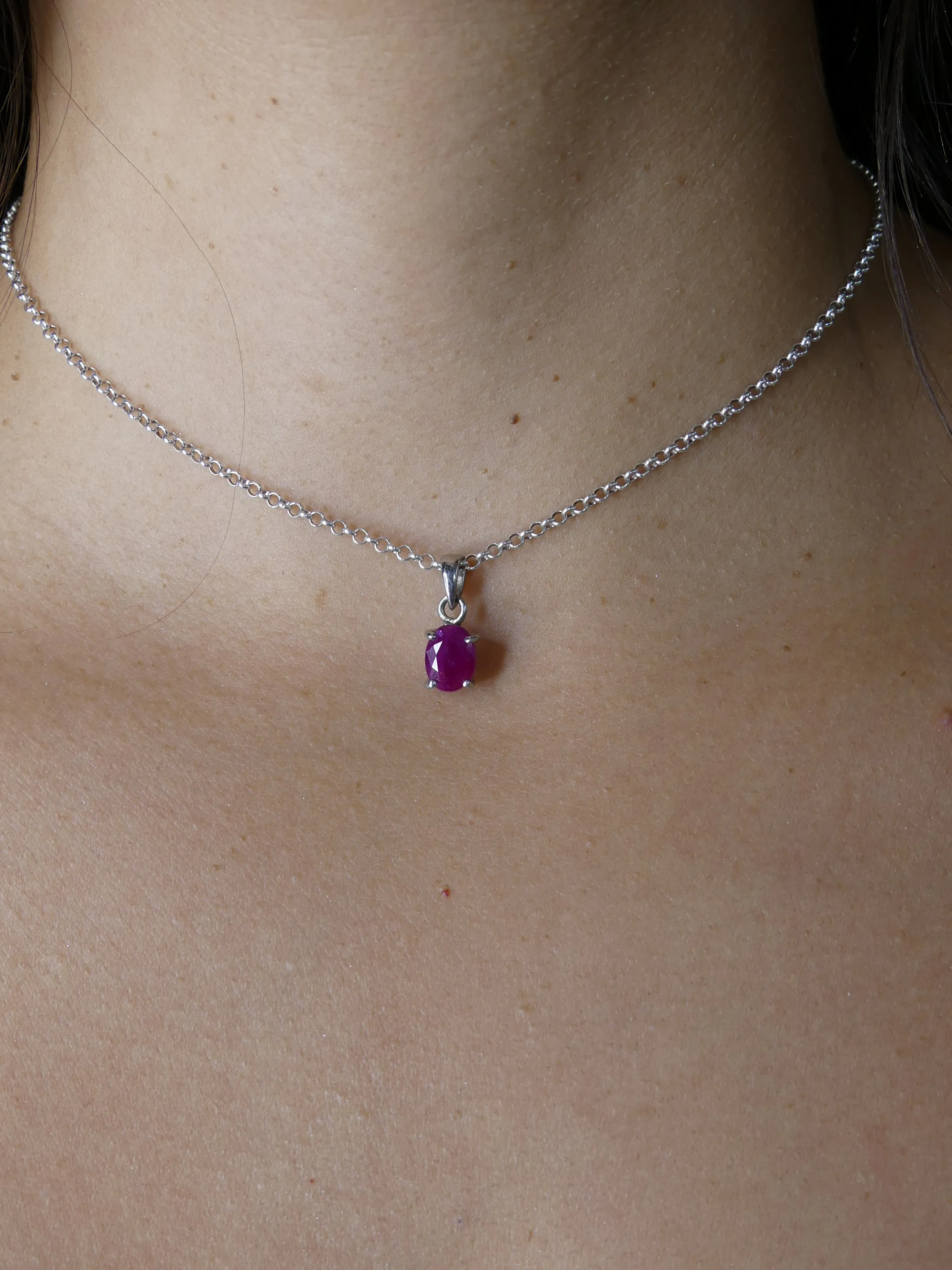 Ruby Gemstone Necklace, .925 Sterling Silver Oval Vintage Single Gem Natural Stone Necklace