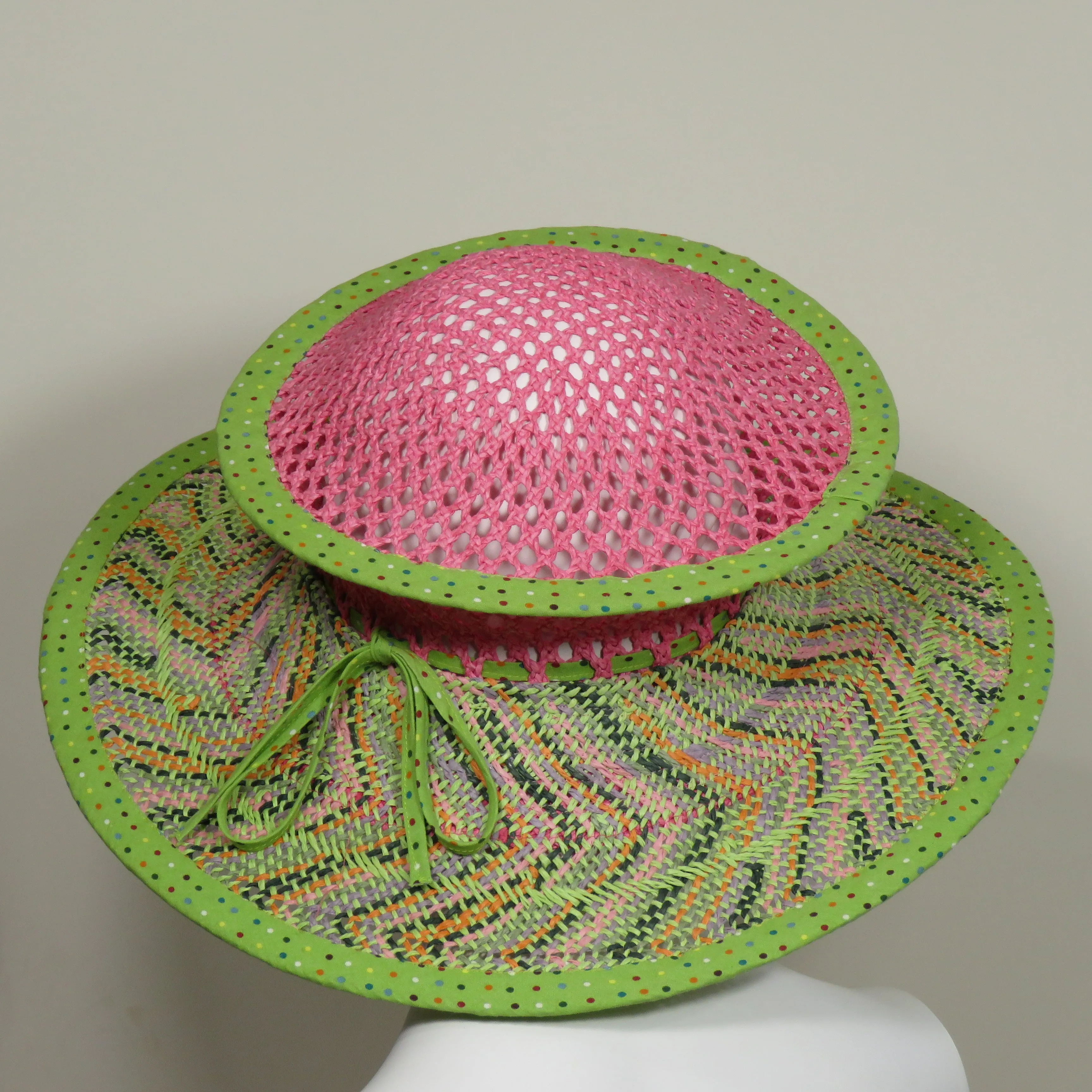 Saturn, Pink and Lime Plaid Straw, Polka Dot Edge and Ribbon