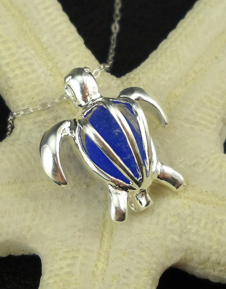 Sea Glass Sea Turtle Necklace Rare Cobalt Blue