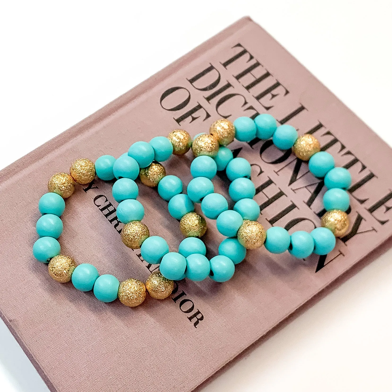 Set of Three | Making Joy Beaded Bracelets with Gold Tone Spacers in Sky Blue