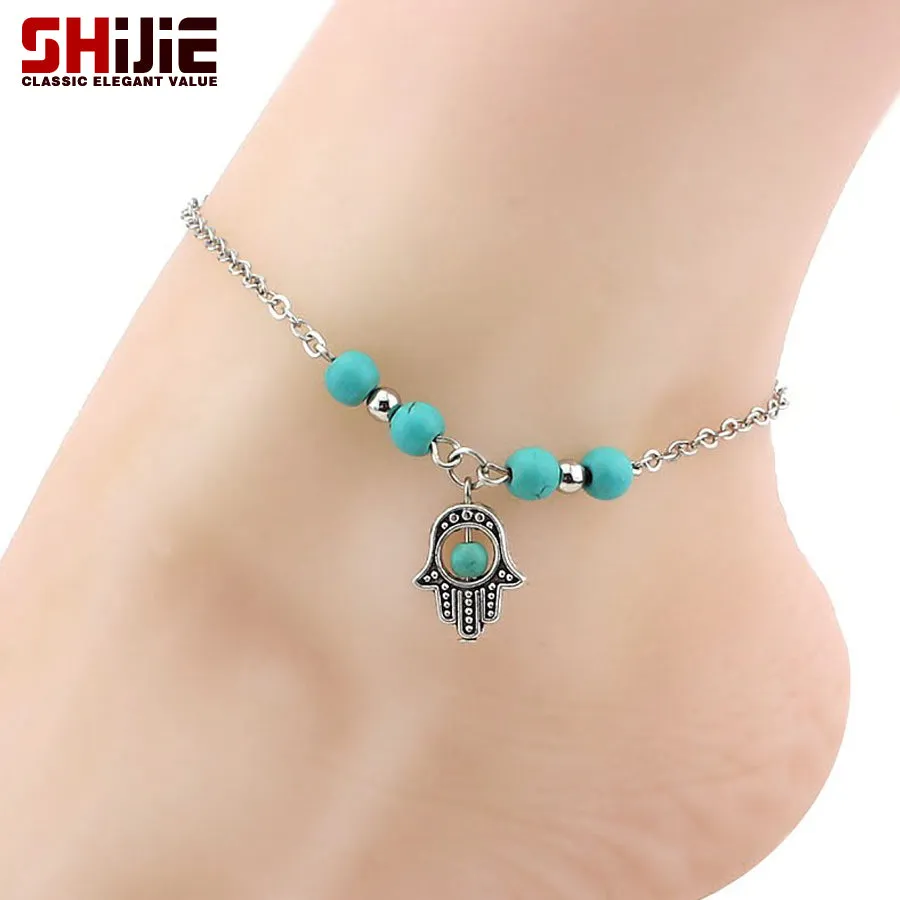 SHIJIE Boho Silver color Foot Chains Beads Anklets for Women Cross Tree Hand Ankle Bracelet Enkelbandje Jewelry Chaine Cheville