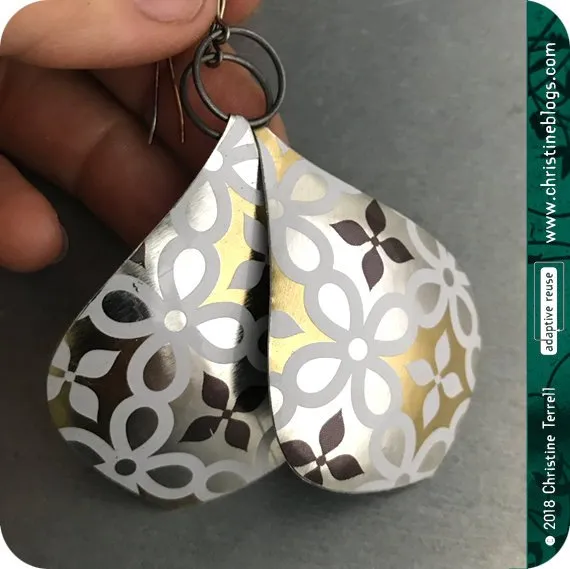 Silver & Gold Geometric Tin Big Teardrop Earrings 40th Birthday Gift