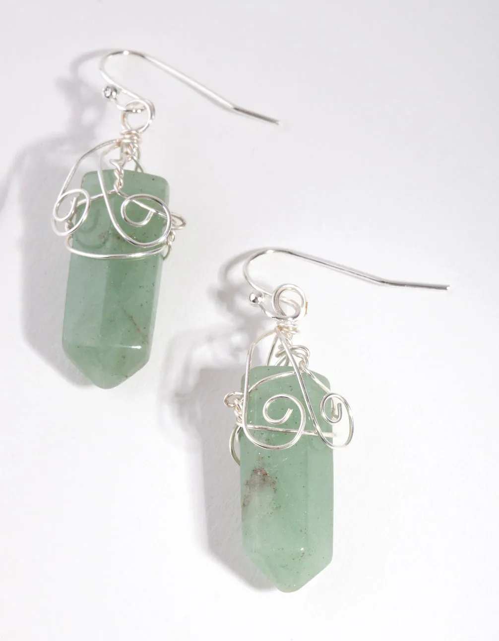 Silver Coil Wrap Green Stone Drop Earrings