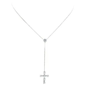 Silver Cubic Zirconia Cross Lariat Necklace