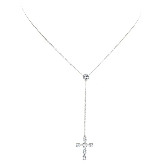 Silver Cubic Zirconia Cross Lariat Necklace