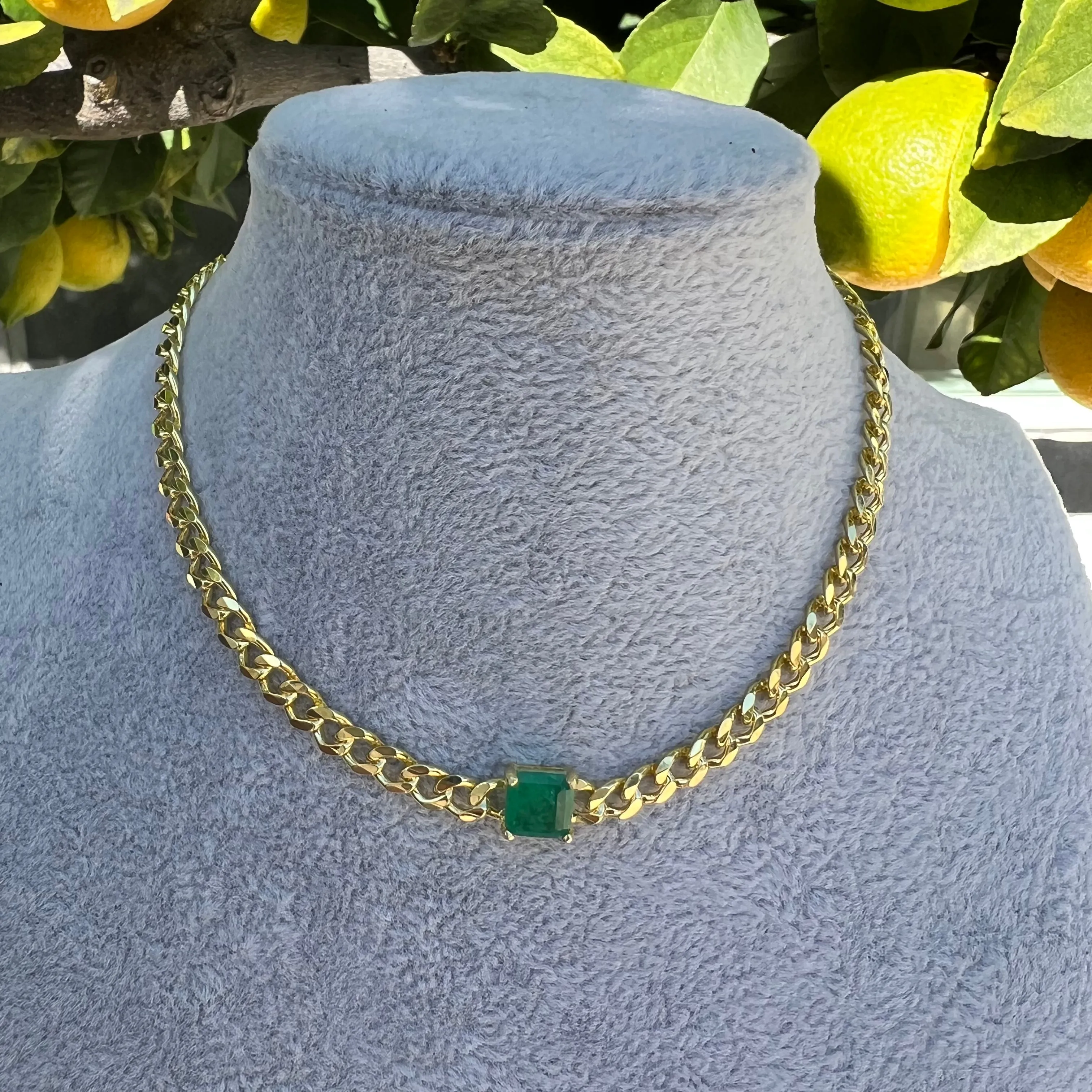 Silver gold plated curb link emerald choker