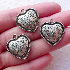 Silver Heart Charms w/ Filigree Pattern (3pcs / 20mm x 22mm / Tibetan Silver / 2 Sided) Wedding Favor Gift Decoration Love Pendant CHM2125