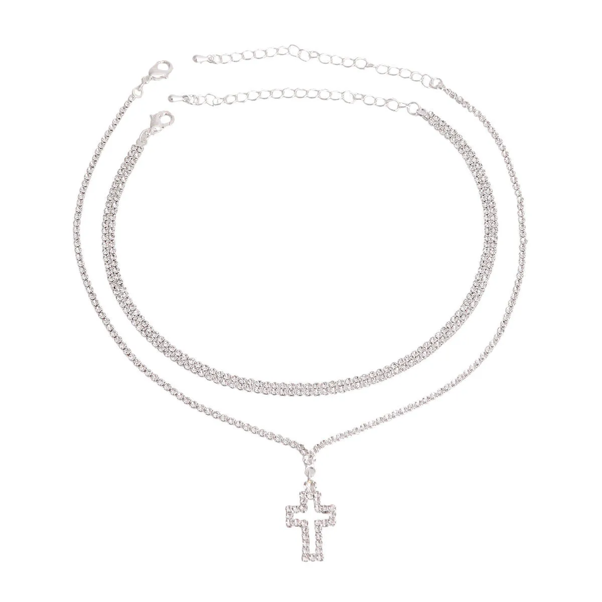 Silver Rhinestone Cross 2 Choker Set