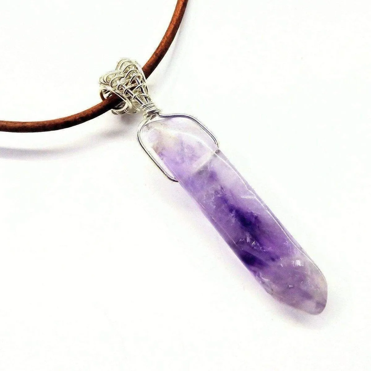 Silver Wrapped Light Amethyst Gemstone Point Leather Necklace