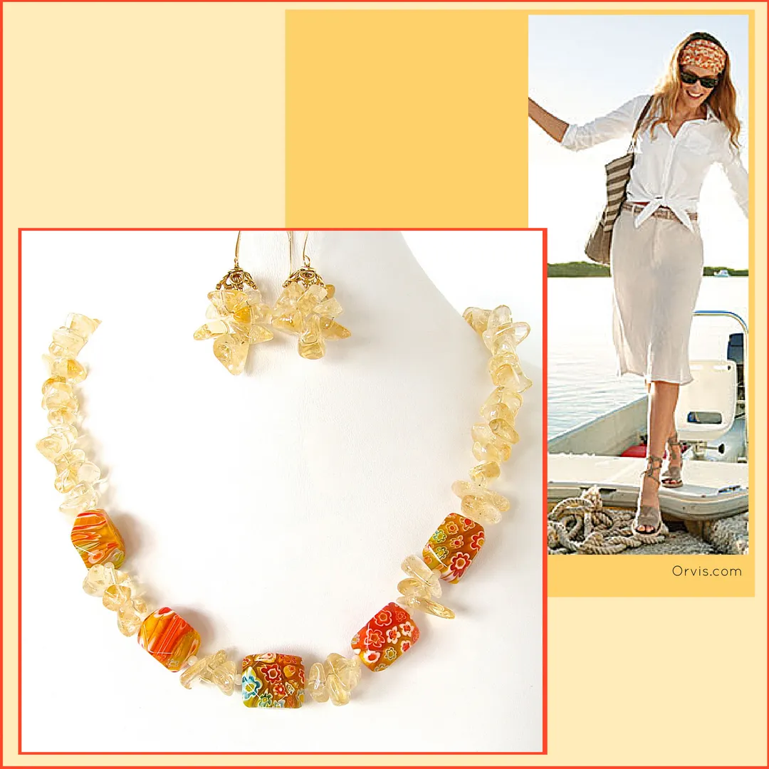 Soleil: Citrine Gemstone Necklace with Millefiori Glass