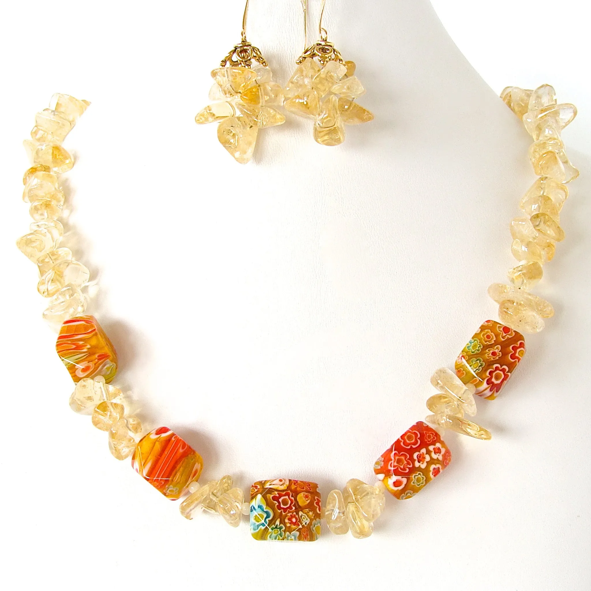 Soleil: Citrine Gemstone Necklace with Millefiori Glass