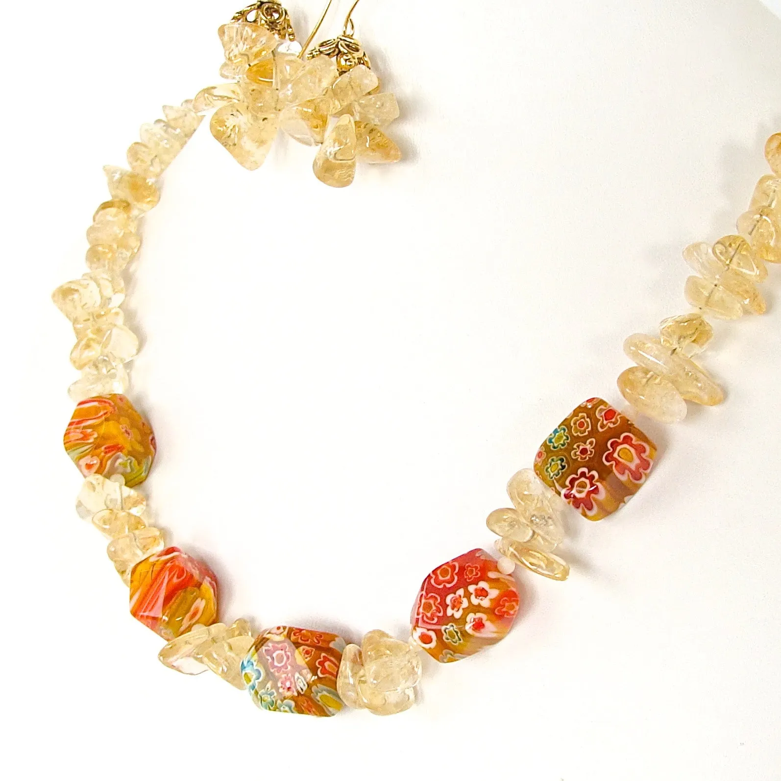 Soleil: Citrine Gemstone Necklace with Millefiori Glass