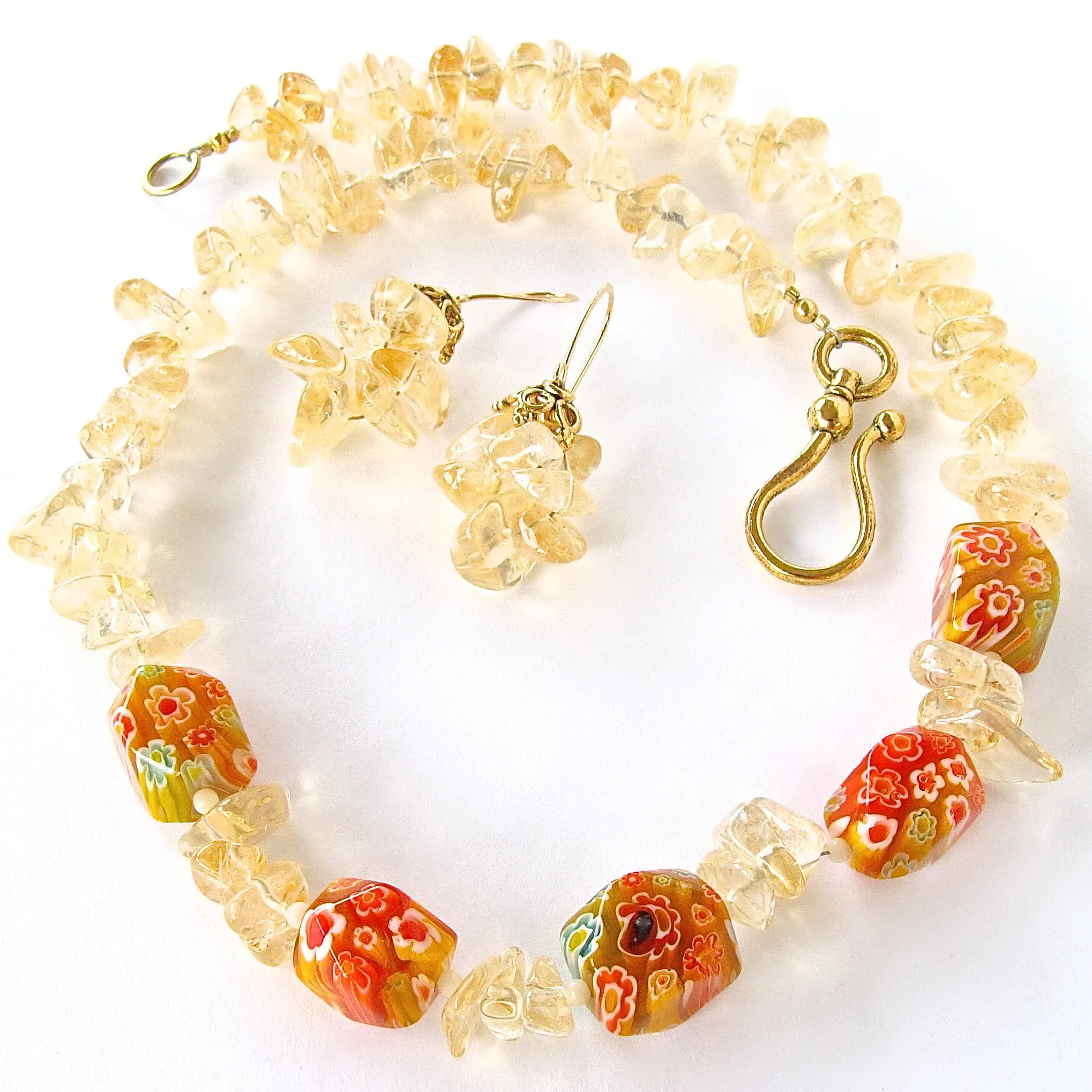 Soleil: Citrine Gemstone Necklace with Millefiori Glass