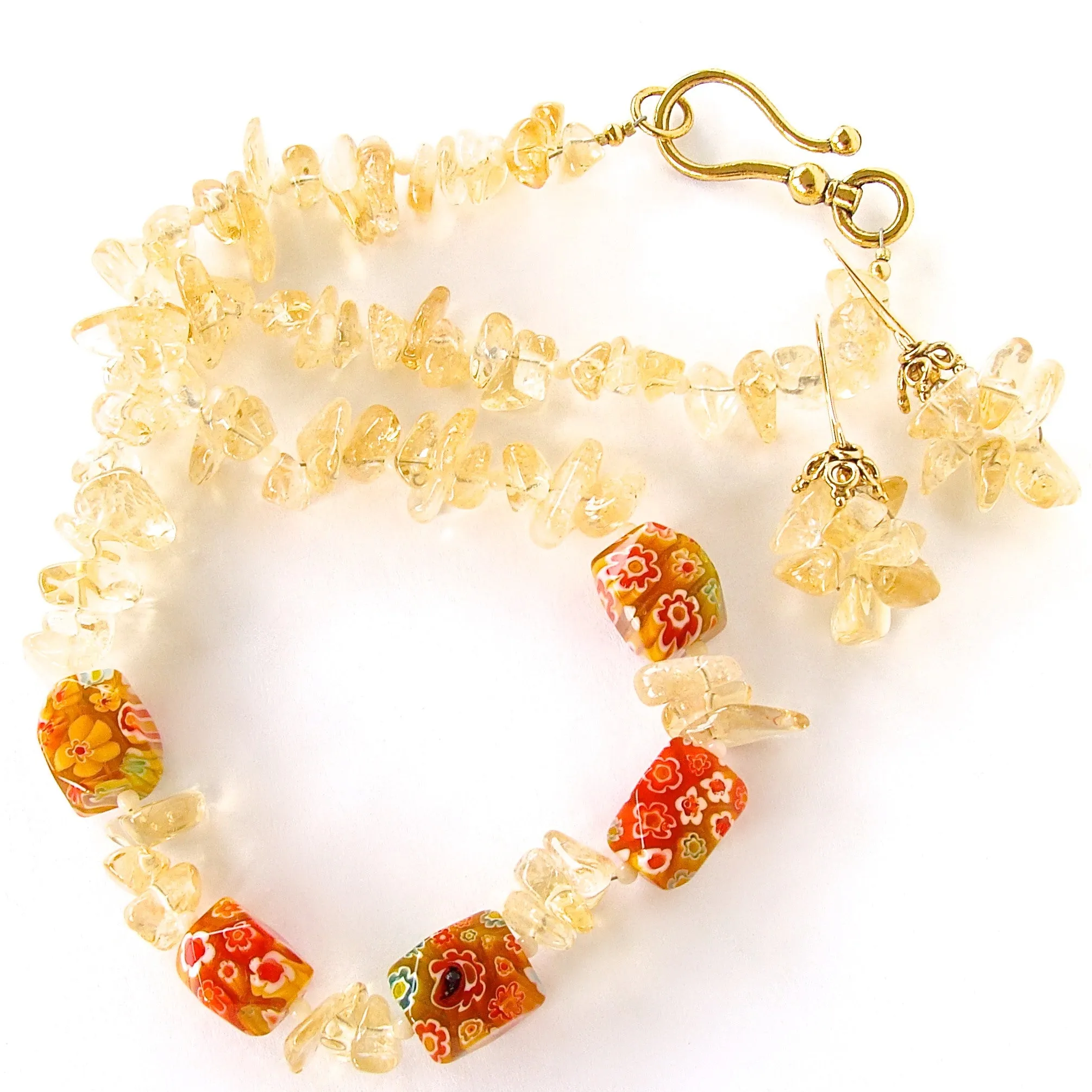 Soleil: Citrine Gemstone Necklace with Millefiori Glass