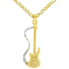 Solid 14k Yellow Gold Electric Guitar Two-Tone Musical Instrument Pendant with Figaro Chain Necklace