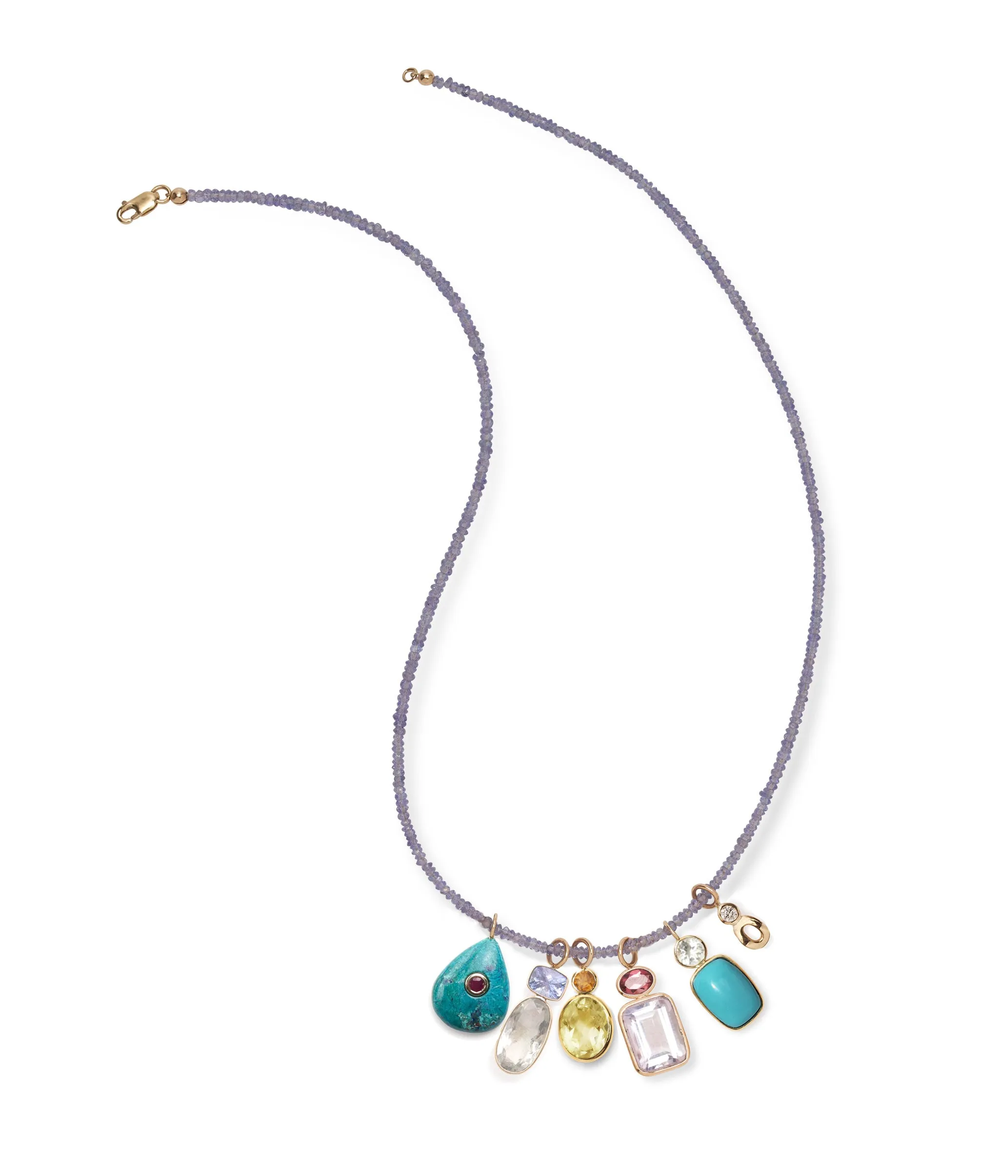 Stacked Oblong 14k Gold Necklace Charm in Green Amethyst & Turquoise Cabochon