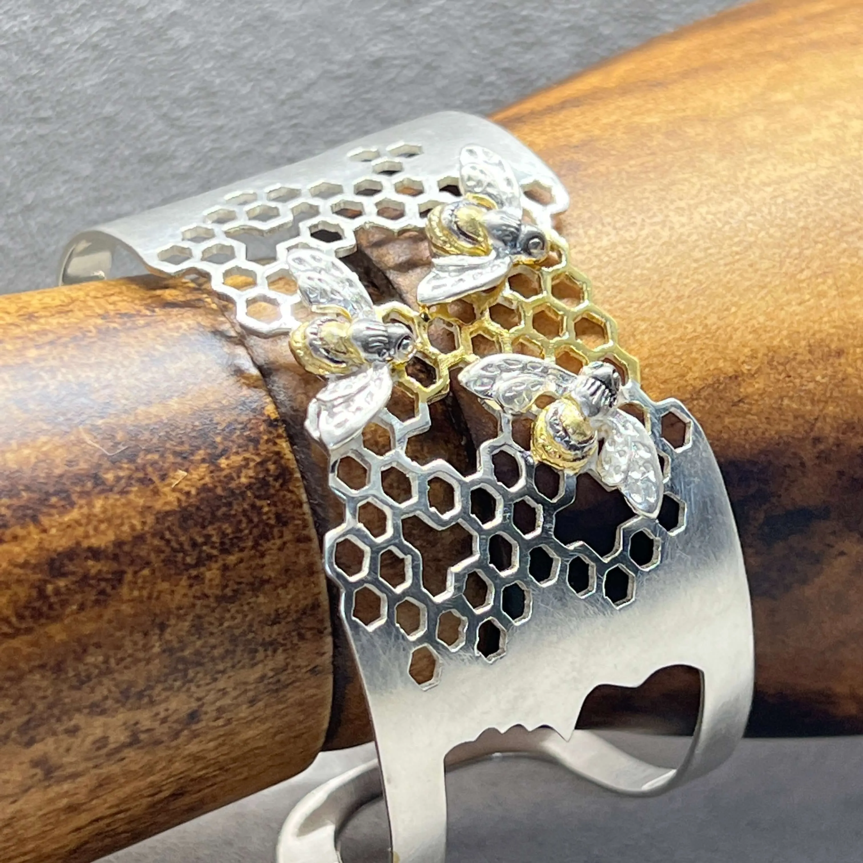 Statement Honeycomb & Honeybee Bangle In Sterling Silver