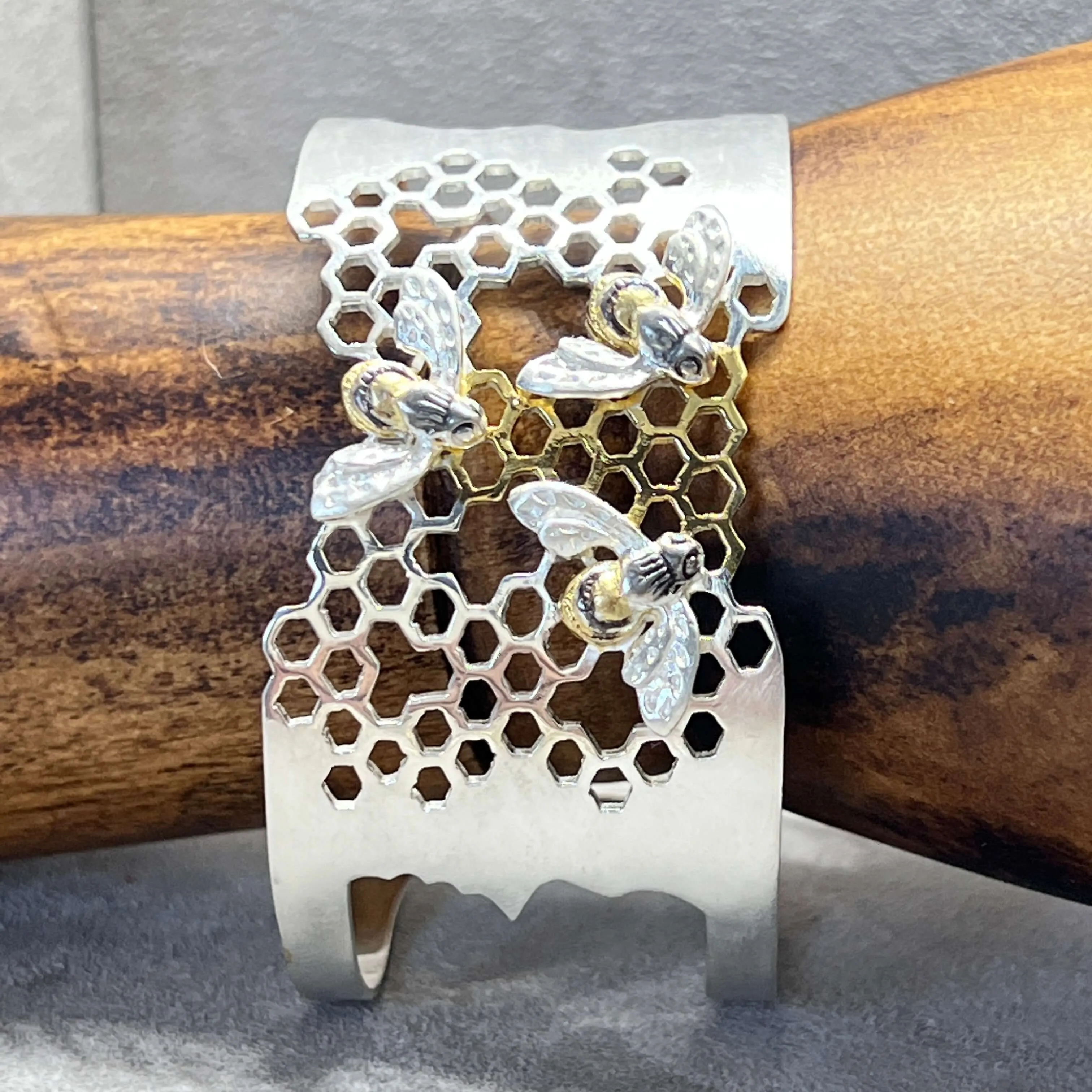 Statement Honeycomb & Honeybee Bangle In Sterling Silver