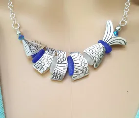 Statement Necklace Fish And Sea Glass Necklace In Silver And Blue