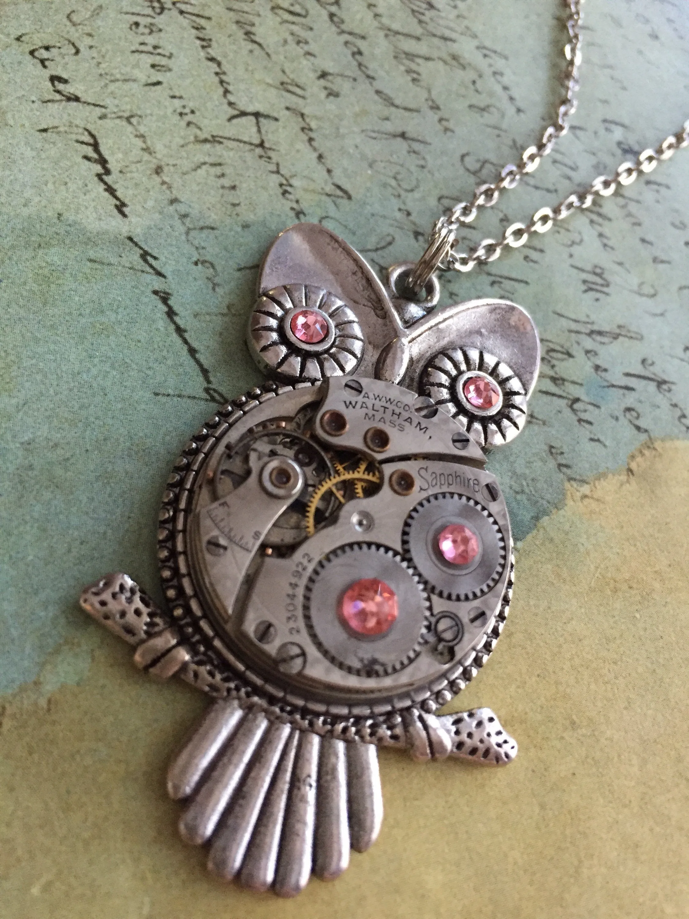 Steampunk Pendant - Who's Time - Steampunk Necklace - Owl pendant Swarovski crystals in Peach Rose