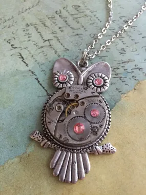 Steampunk Pendant - Who's Time - Steampunk Necklace - Owl pendant Swarovski crystals in Peach Rose