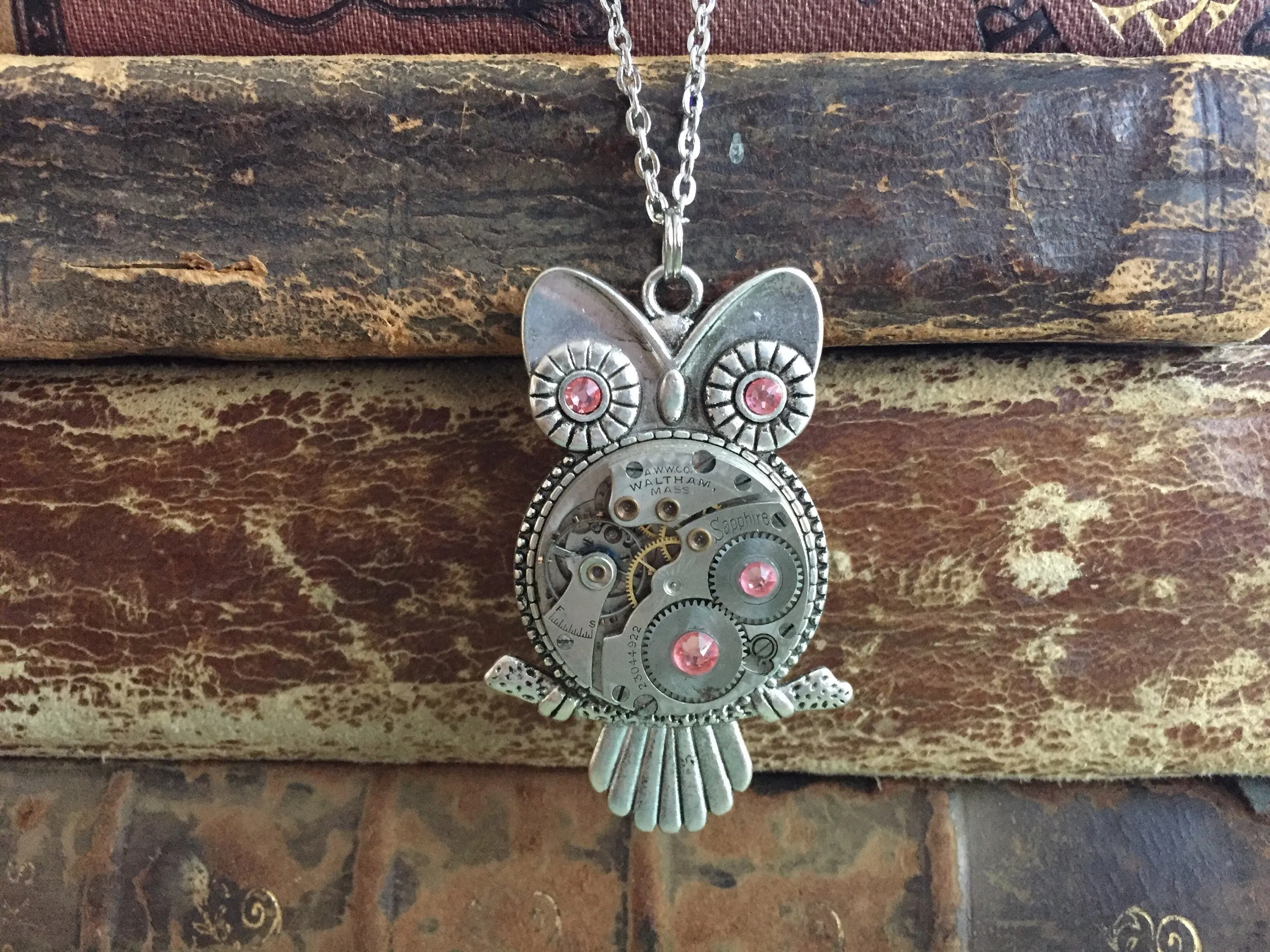 Steampunk Pendant - Who's Time - Steampunk Necklace - Owl pendant Swarovski crystals in Peach Rose