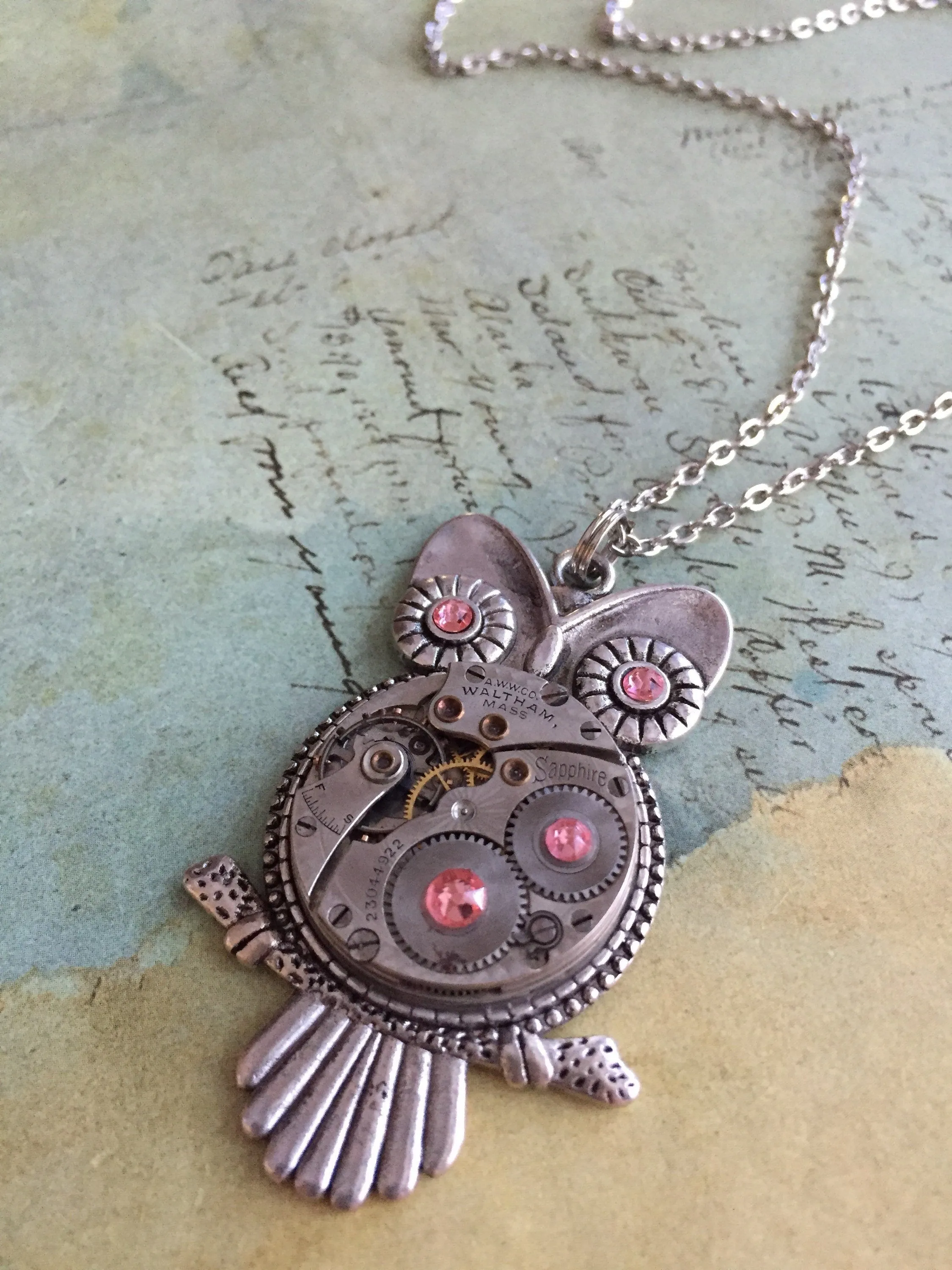 Steampunk Pendant - Who's Time - Steampunk Necklace - Owl pendant Swarovski crystals in Peach Rose