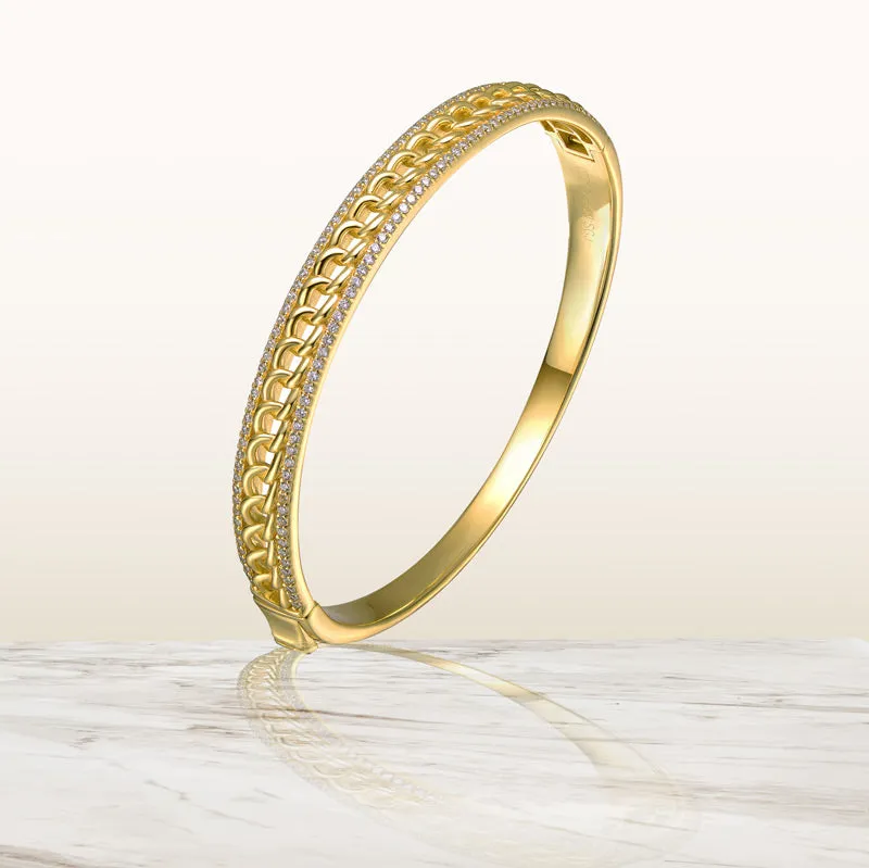 Sterling Silver 14k Yellow Gold Plated with Cubic Zirconia Chain Link Stiff Bangle Bracelet