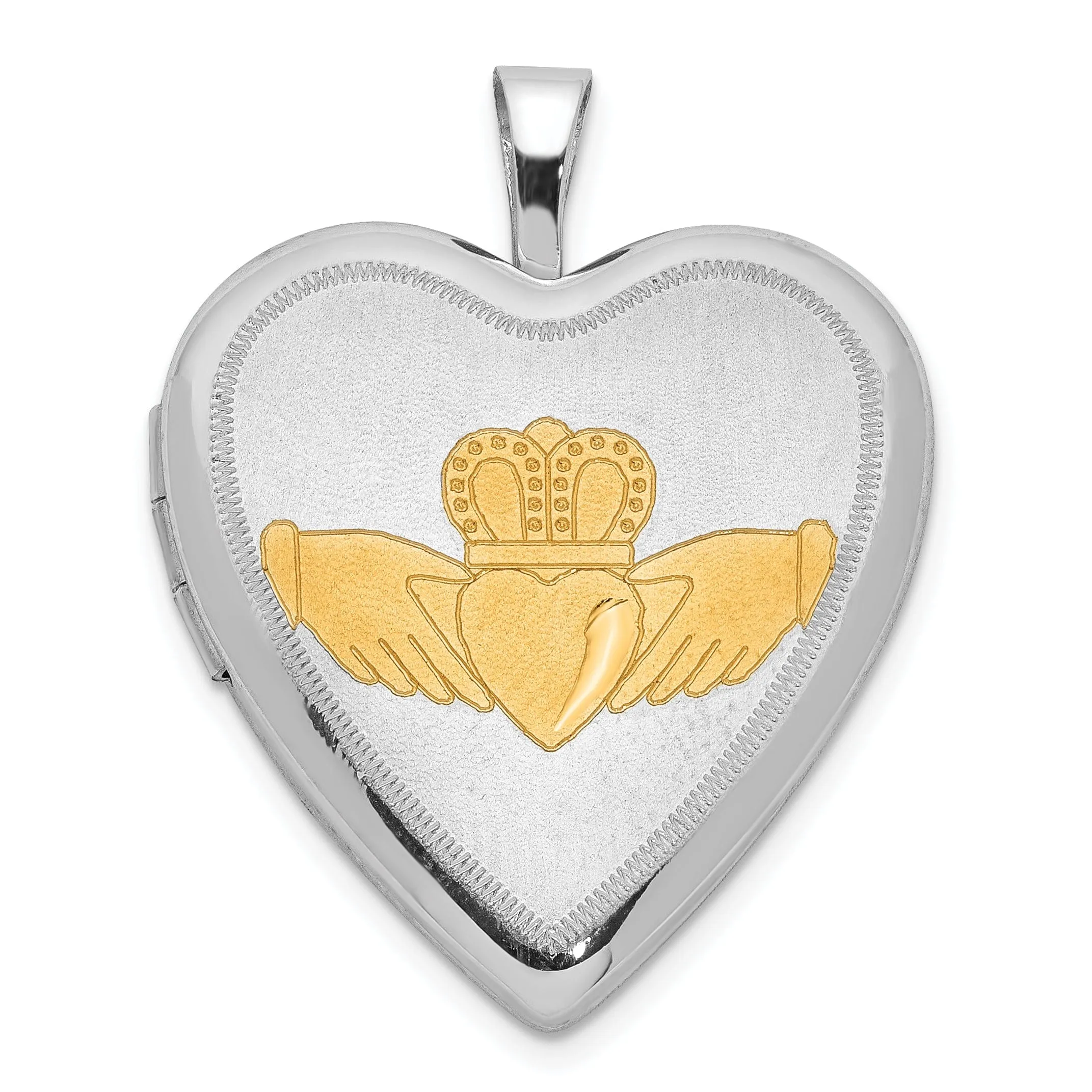 Sterling Silver 20mm Gold-Tone Brushed and Polished diamond cut Claddagh Heart Locket