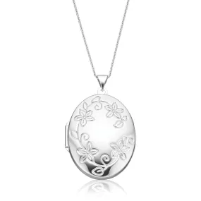 Sterling Silver 31mm Engraved Flower Oval Locket