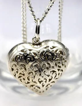 Sterling Silver 50cm Necklace & Large Filigree Heart Locket Pendant