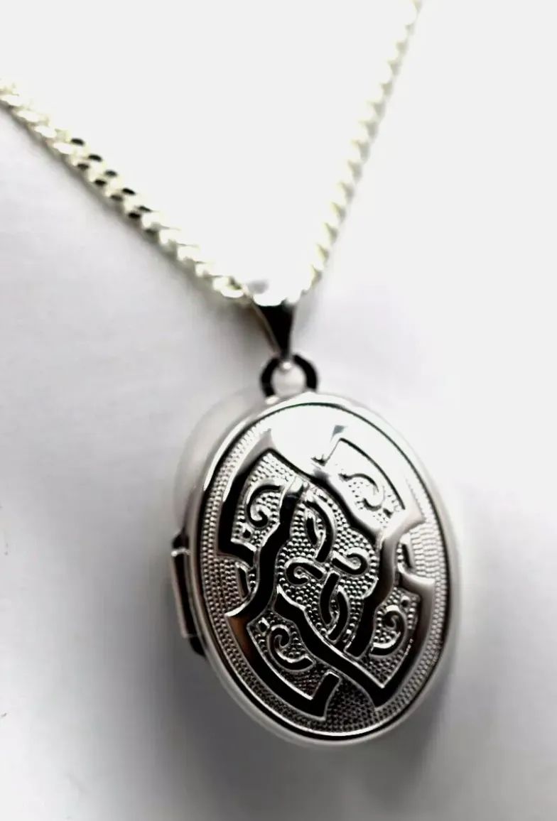 Sterling Silver 925 Oval Celtic Locket Pendant With 2 Photos   Chain Necklace