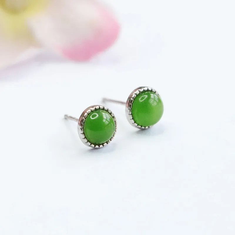 Sterling Silver Earrings with Natural Hetian Jade Insets