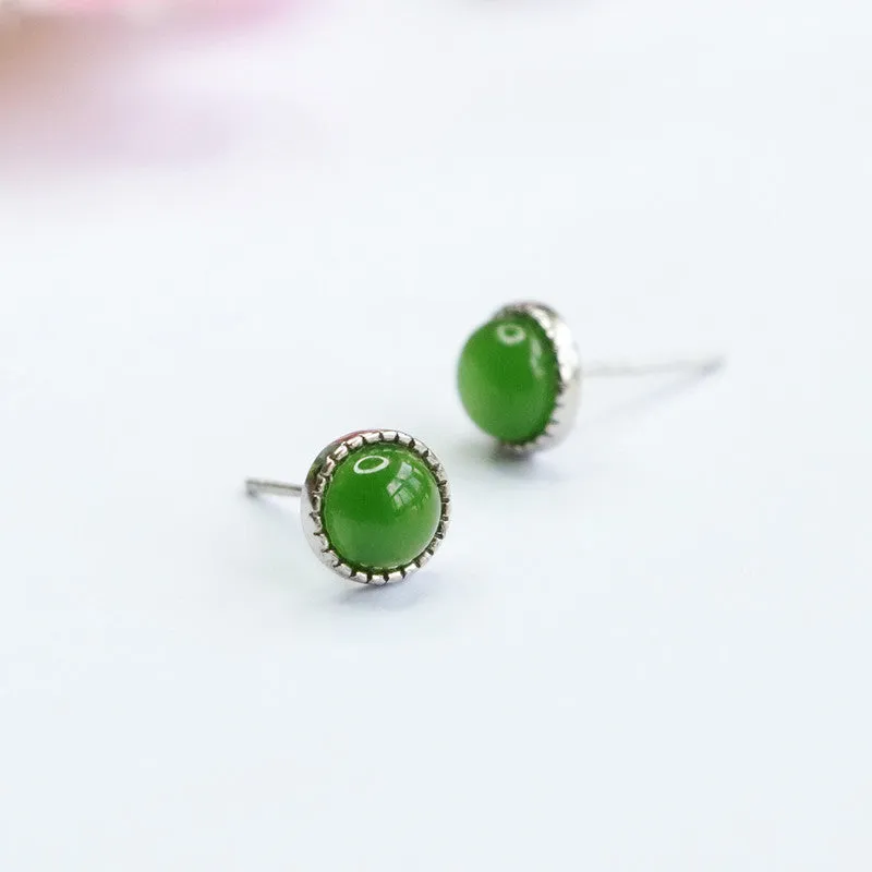 Sterling Silver Earrings with Natural Hetian Jade Insets