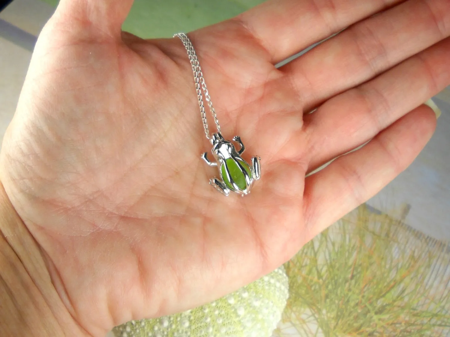 Sterling Silver GENUINE Sea Glass Necklace Green Frog Pendant Locket