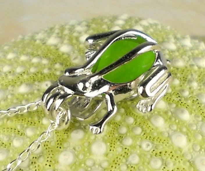 Sterling Silver GENUINE Sea Glass Necklace Green Frog Pendant Locket