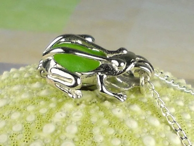 Sterling Silver GENUINE Sea Glass Necklace Green Frog Pendant Locket