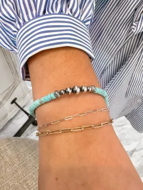 Sterling Silver Navajo Pearl & Kingman Turquoise Bracelet