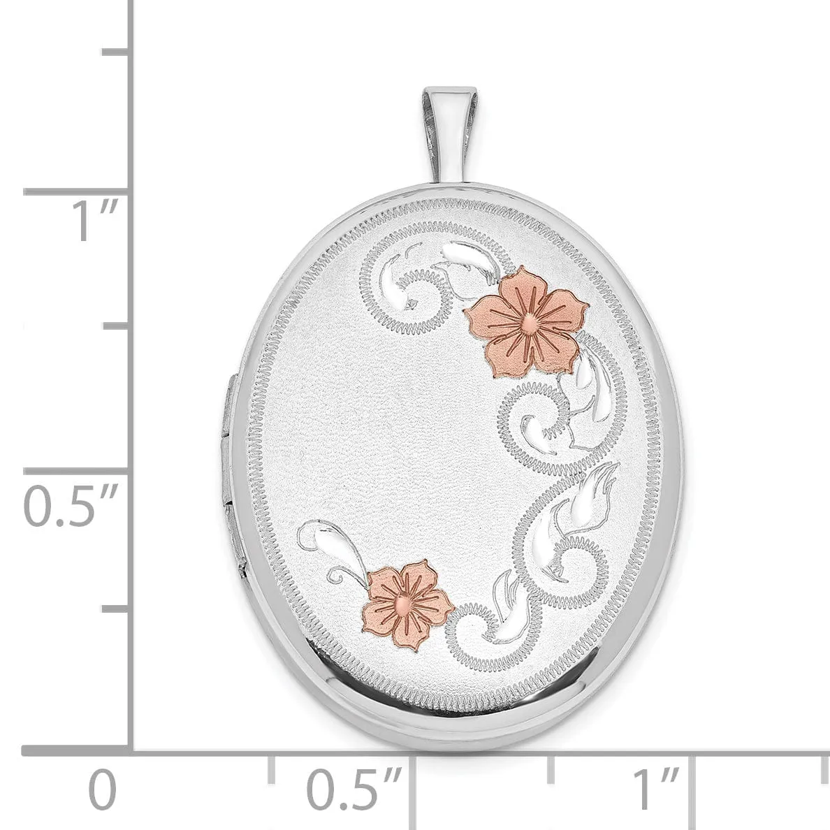 Sterling Silver RH 26mm Brushed, Polished Enameled Flower diamond cut Oval Locket