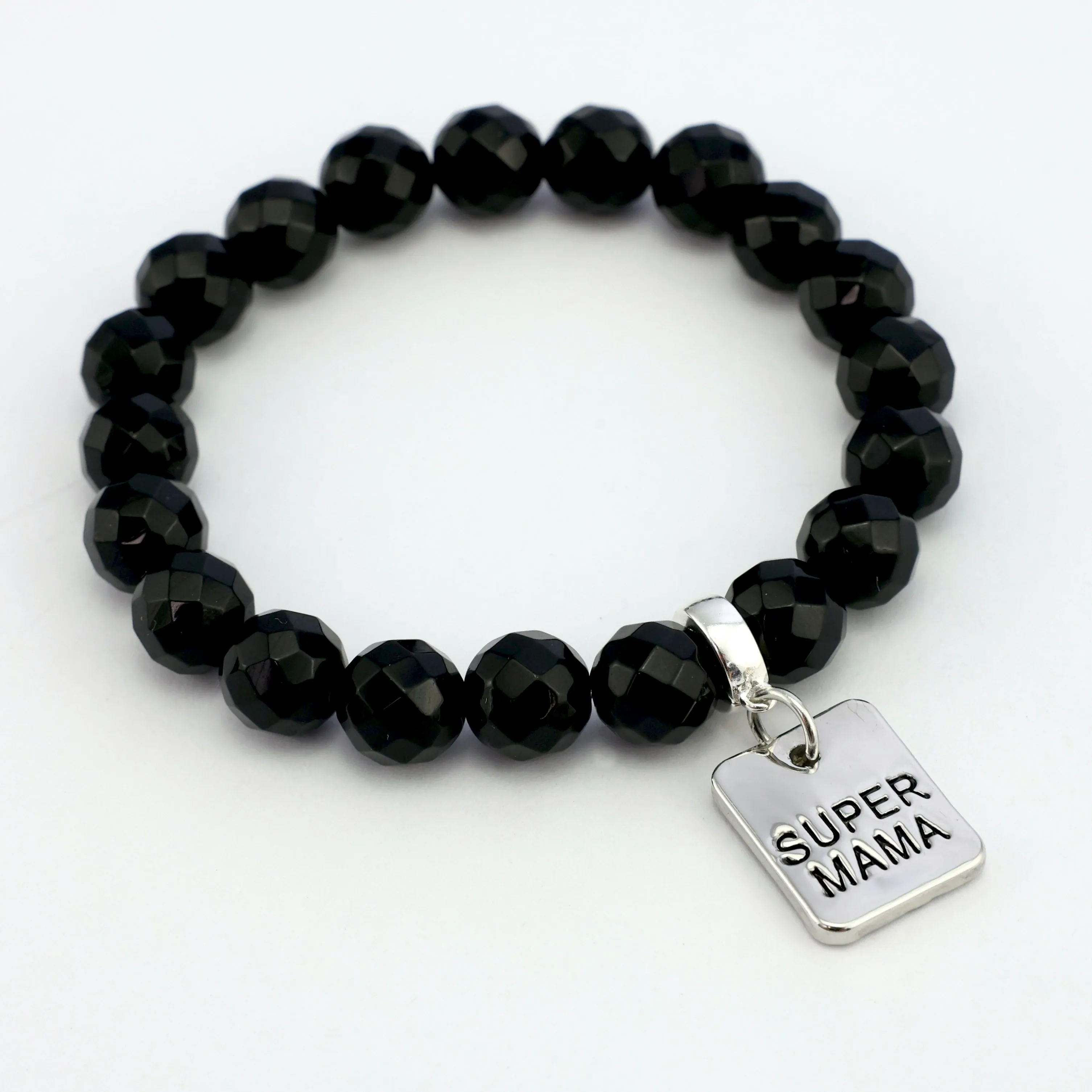 Stone Bracelet - Black Onyx Shiny Faceted 10mm Beads - with Silver Word Charm