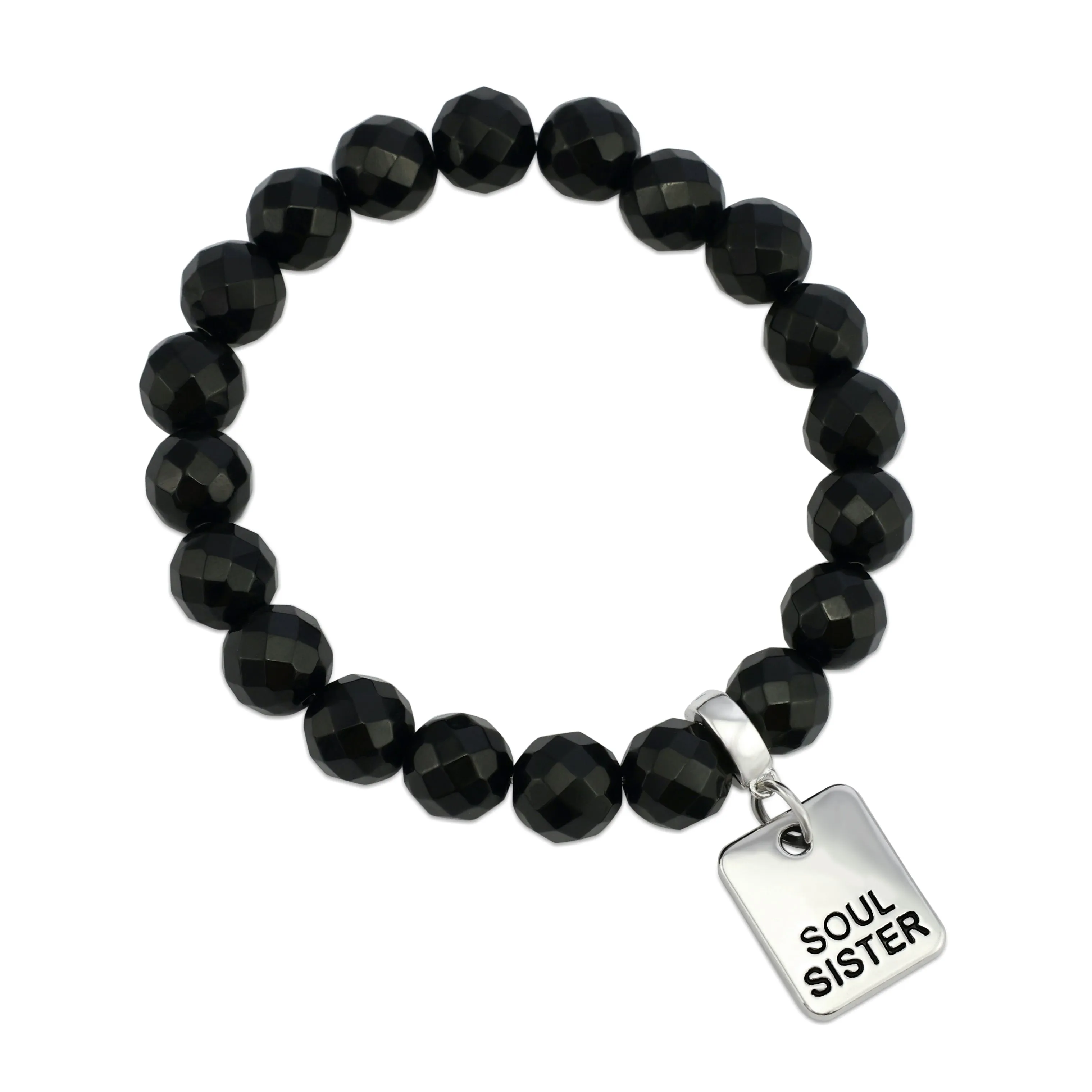 Stone Bracelet - Black Onyx Shiny Faceted 10mm Beads - with Silver Word Charm