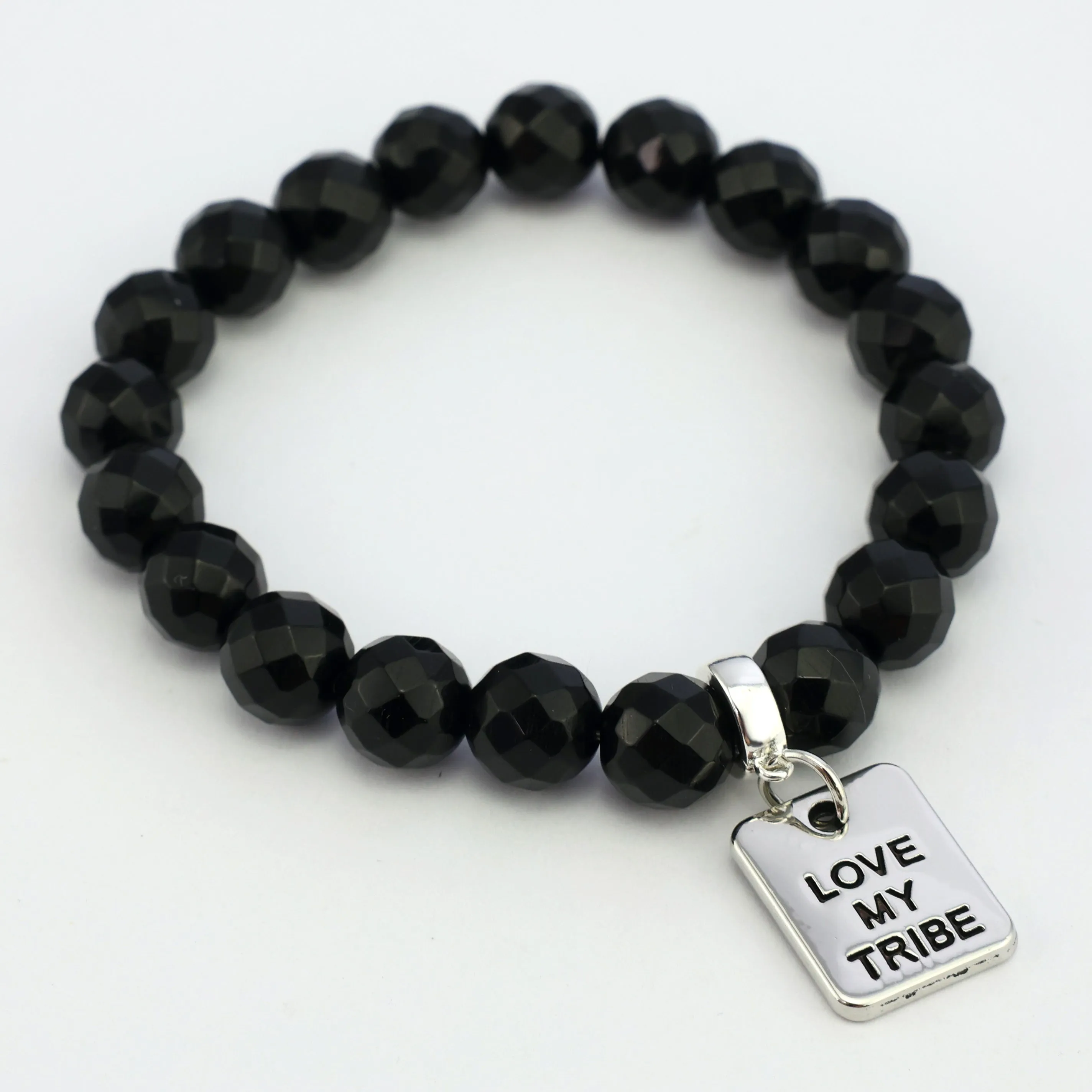 Stone Bracelet - Black Onyx Shiny Faceted 10mm Beads - with Silver Word Charm