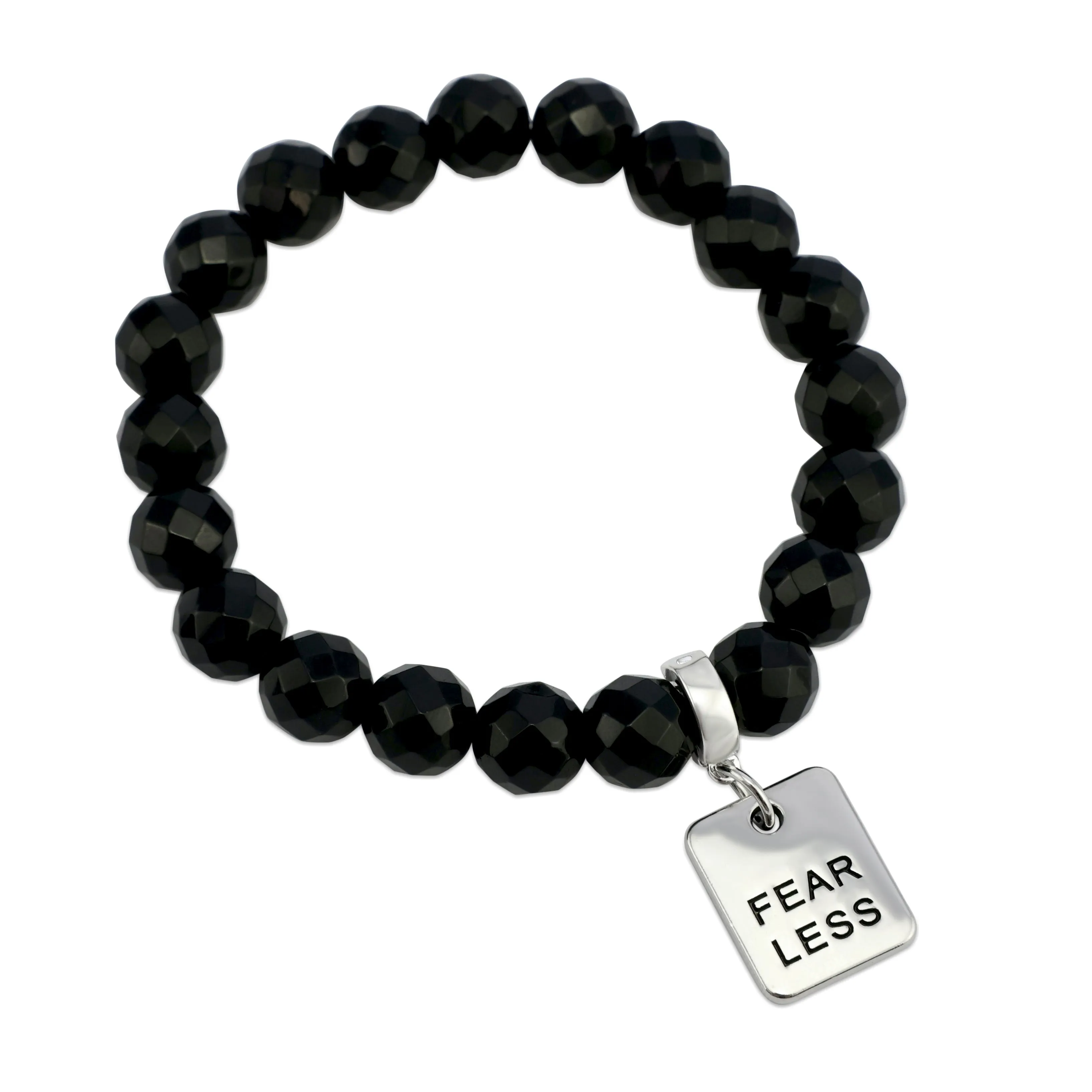 Stone Bracelet - Black Onyx Shiny Faceted 10mm Beads - with Silver Word Charm