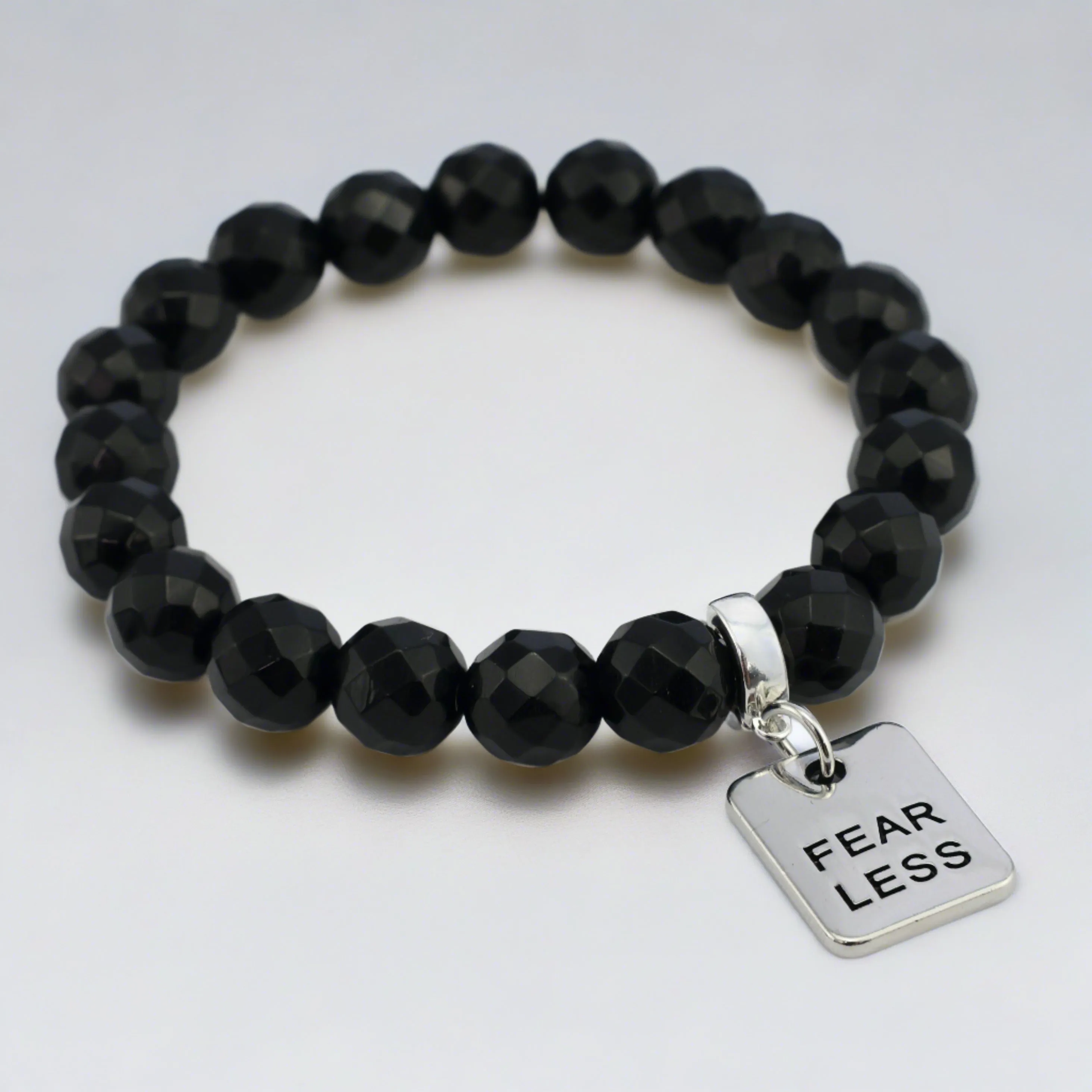 Stone Bracelet - Black Onyx Shiny Faceted 10mm Beads - with Silver Word Charm