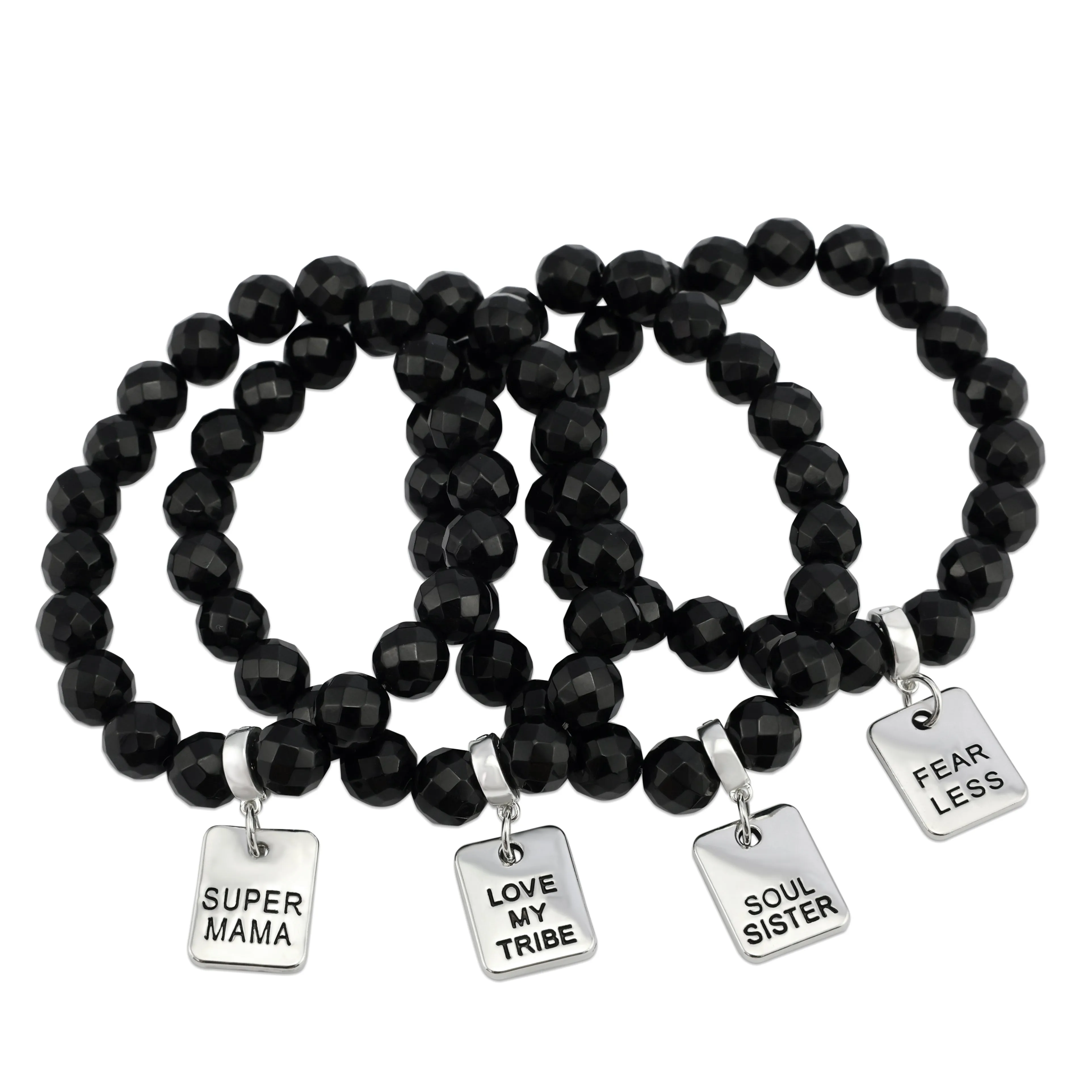 Stone Bracelet - Black Onyx Shiny Faceted 10mm Beads - with Silver Word Charm