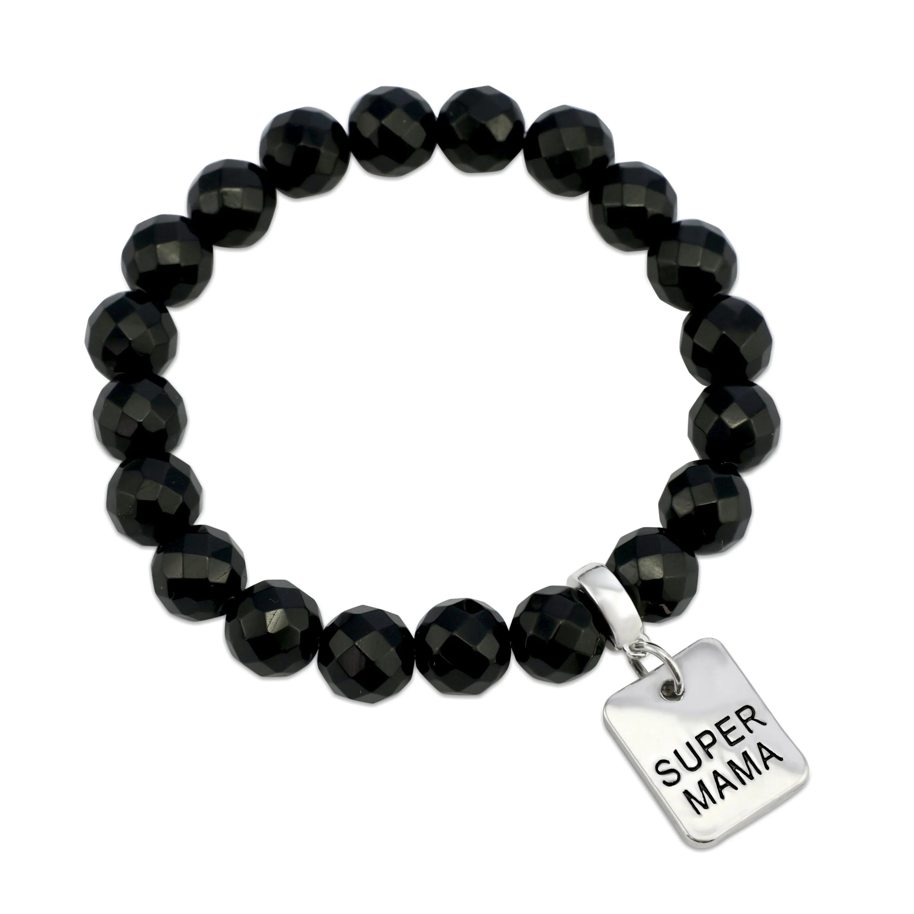 Stone Bracelet - Black Onyx Shiny Faceted 10mm Beads - with Silver Word Charm