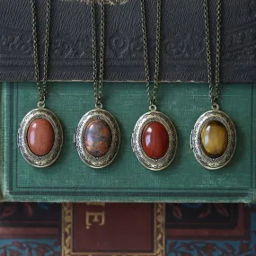 Stone Oval Vintage Locket in Goldstone, Leopardskin, Tigereye or Carnelian